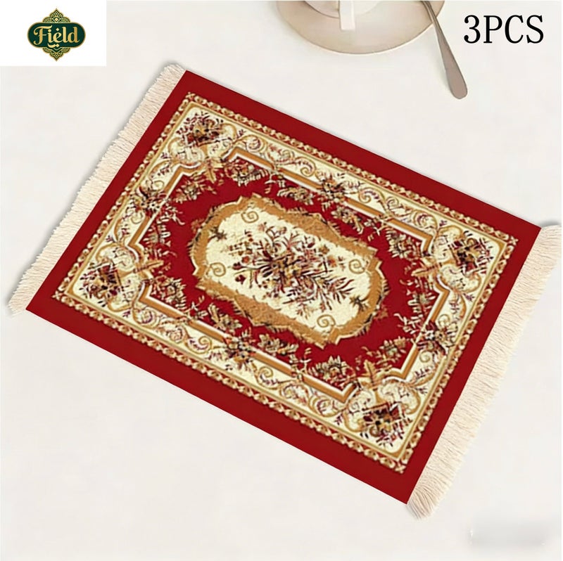 حقل 3 قطع سجادة قهوة وسجادة ماوس، سجادة فنجان قهوة، سجادة كوب قهوة، سجادة طاولة، لوحة ماوس مطاطية، مستطيلة مقاس 23x18x0.5 سم، مجموعة حمراء - Image 1